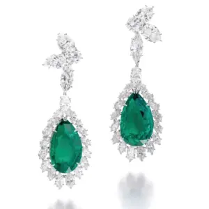 Pair of emerald and diamond pendent ear clips