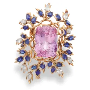 Pink sapphire, sapphire and diamond brooch with an unheated pink sapphire