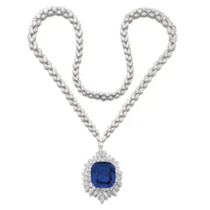 unheated Ceylon sapphire mounted in a Harry Winston necklace