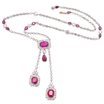 Unheated Burmese rubies (four were tested by SSEF) in a necklace by Cartier, sold at Christie’s Geneva in November 2024 for ca. US$ 810,000. Photo: SSEF.