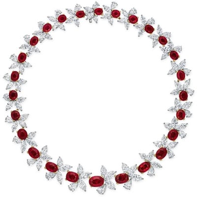 Twenty-six unheated Burmese rubies (5.38–1.27 ct, a few stones containing minor oil) in a necklace with pear- and marquise-shaped diamonds, sold at Christie’s Hong Kong in October 2024 for ca. US$ 6.4 million. Photo: SSEF.