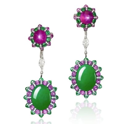 Pair of star ruby, jadeite, gem-set, and diamond pendent earrings by Wallace Chan, featuring Burmese star rubies (moderate asterism, no indications of heating) and natural A-type jadeite jade, sold at Sotheby’s Hong Kong in April 2024 for ca. US$ 240,000. Photo: Sotheby’s.