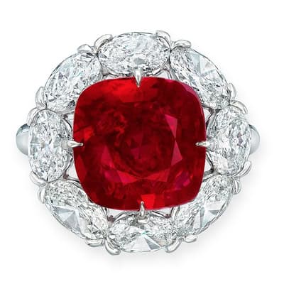 6.24 ct unheated Burmese ‘pigeon blood red’ ruby in a ring by Boghossian with diamonds, sold at Christie’s Hong Kong in October 2024 for ca. US$ 2.5 million. Photo: Christie’s.
